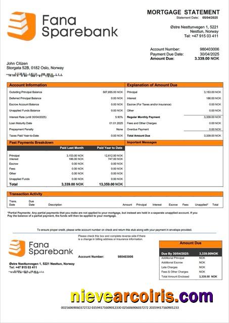 Norway Fana Sparebank mortgage statement Word and PDF template